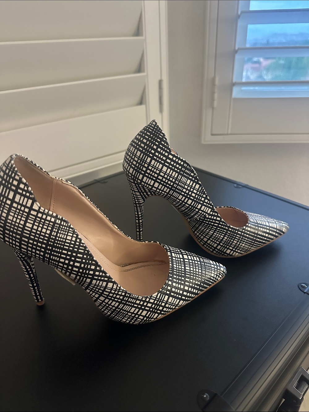 Classic Black & White Plaid Pointed-Toe Stiletto Pumps